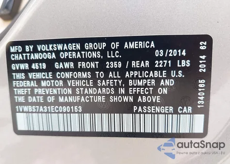 2014 Volkswagen Passat 1.8T Se from USA, damaged, VIN 1VWBS7A31EC090153